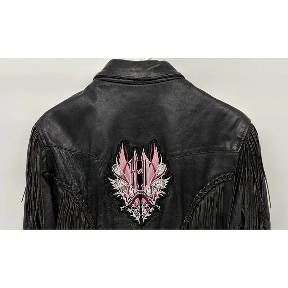 Vintage Western Genuine Leather Jacket Harley Davidson Patch Fringe Lace Women M - Picture 12 of 15
